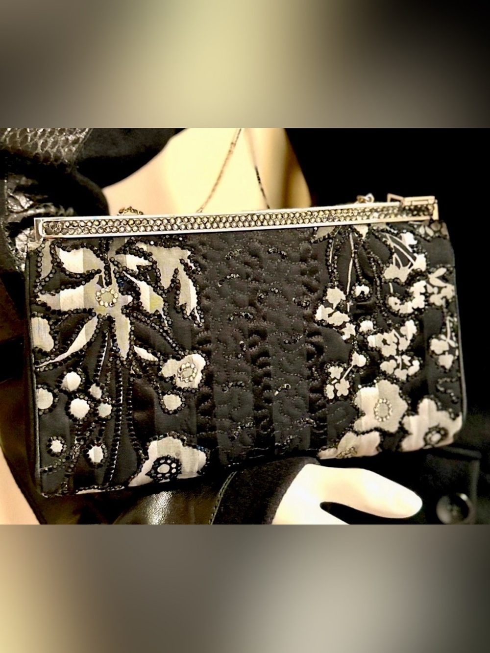 Gorgeous vintage Judith Leiber quilted silk with Swarovski crystals frame bag